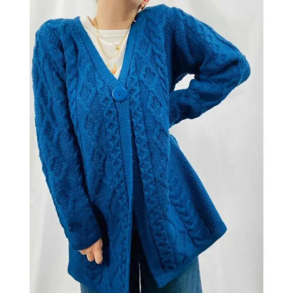Arancrafts L blue 100% wool cable‎ knit single button long cardigan sweater